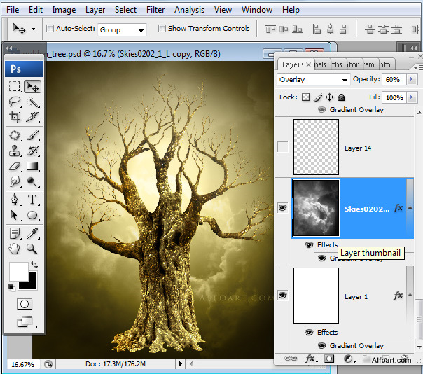 Golden apple tree. Magic scene. Adobe Photoshop Tutorial.